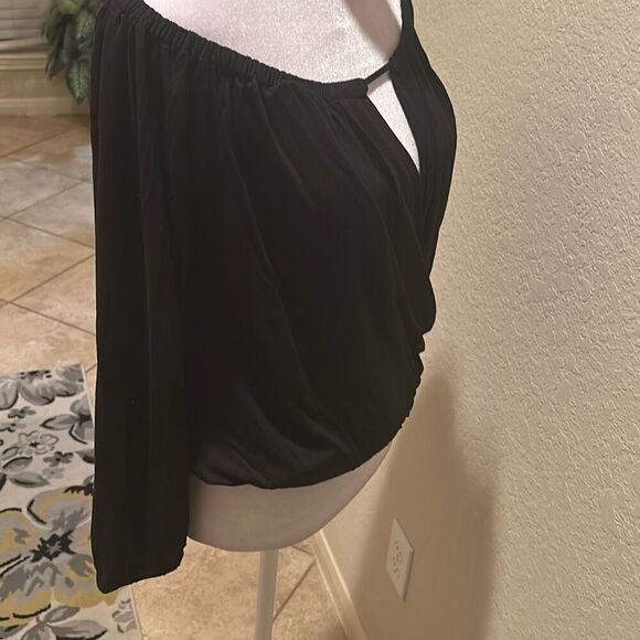 Krisa Women's S Wrapover Blouse Black Dressy Off Shoulder Micro Modal Top NWT - Picture 5 of 11